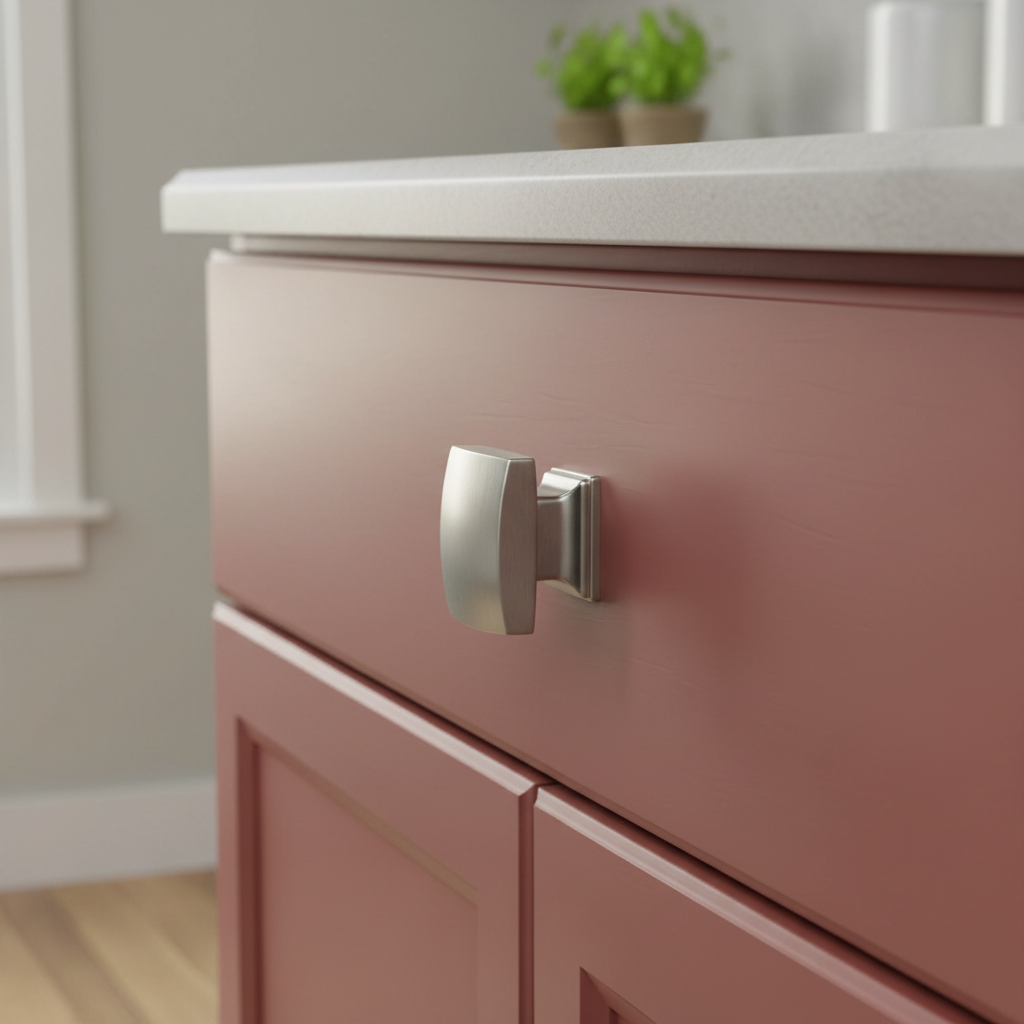 satin nickel cabinet knob on a close-up of a pink bathroom vanity drawer