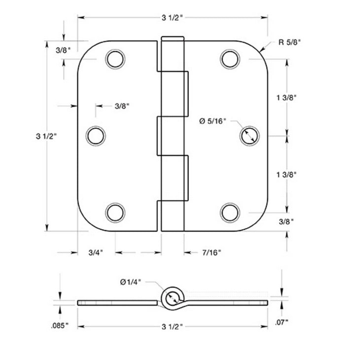 Door Hinge, Antique Brass, 3-1/2&quot; with 5/8&quot; Radius Corners