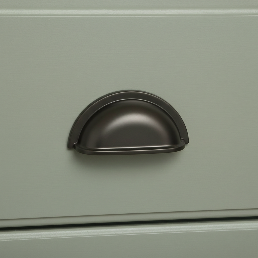 Dark graphite gray cabinet handle cup bin pull on a light green cabinet