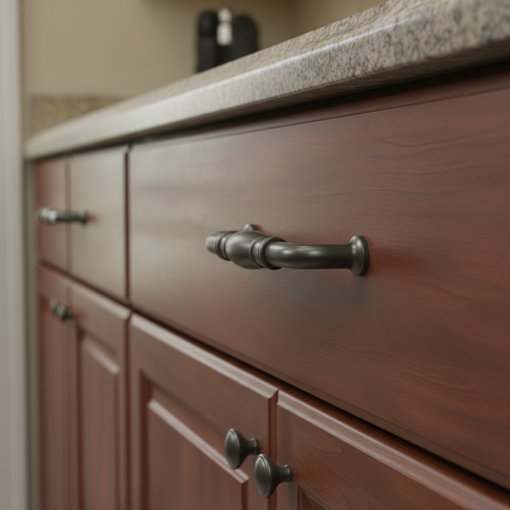 Close-up of wooden cabinets with graphite gray cabinet handles in a kitchen setting.