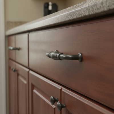 Close-up of wooden cabinets with graphite gray cabinet handles in a kitchen setting.