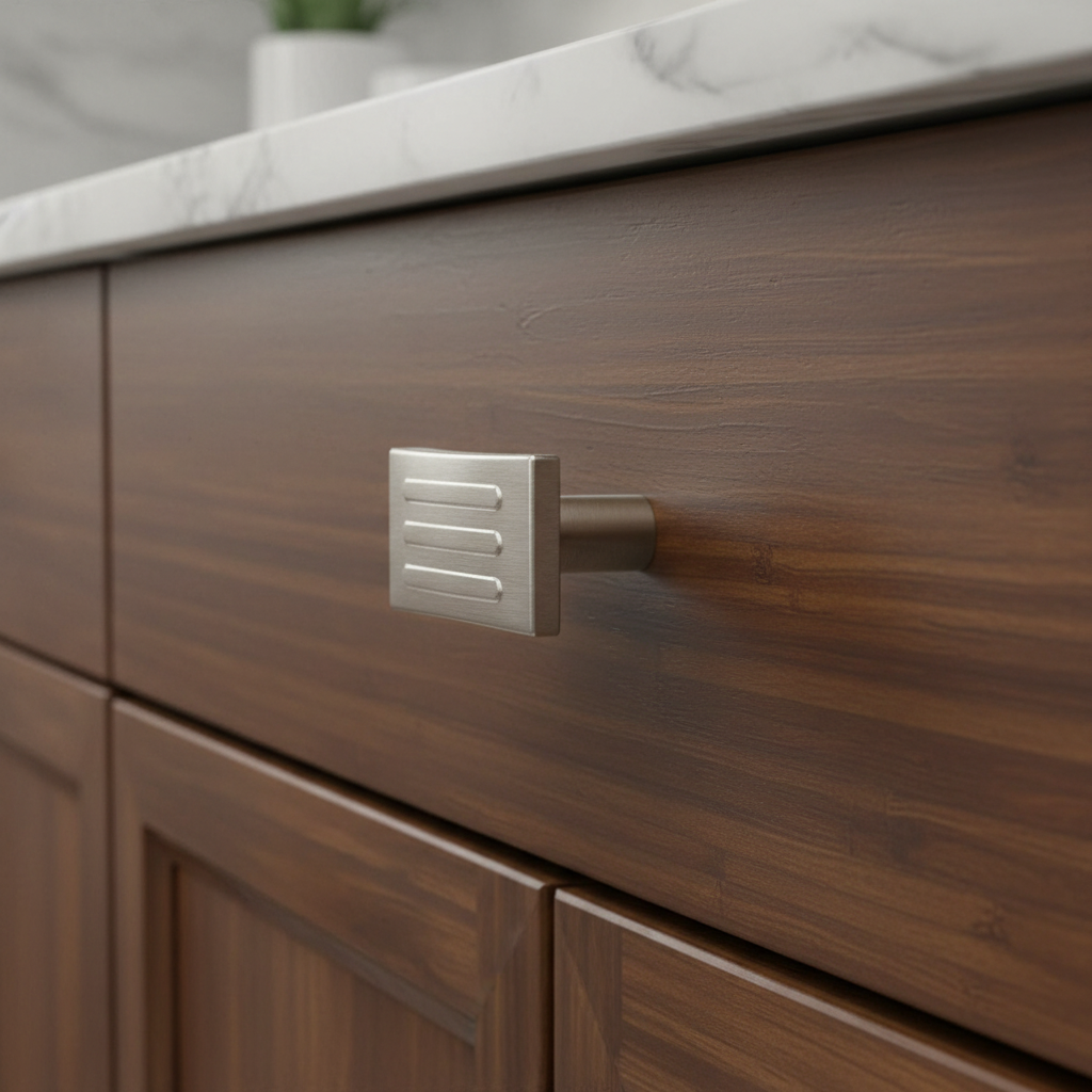 Wooden cabinet with a metallic handle in a kitchen setting