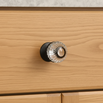 glass cabinet knob on wood drawer 1:1 ratio 
