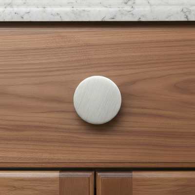 round cabinet knob on a wood drawer 