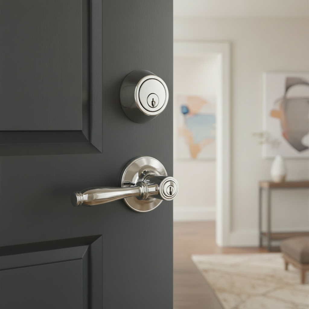 Villa Polished Chrome Entry Lever with Matching Single Cylinder Deadbolt Combo Pack