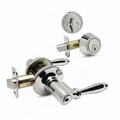 Villa Polished Chrome Entry Lever with Matching Single Cylinder Deadbolt Combo Pack