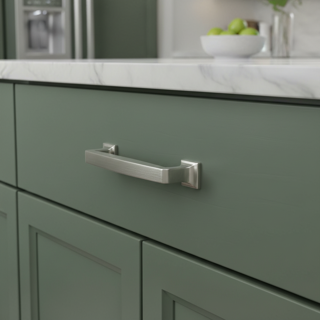 satin nickel cabinet handle on a green kitchen cabinet  in a modern kitchen setting