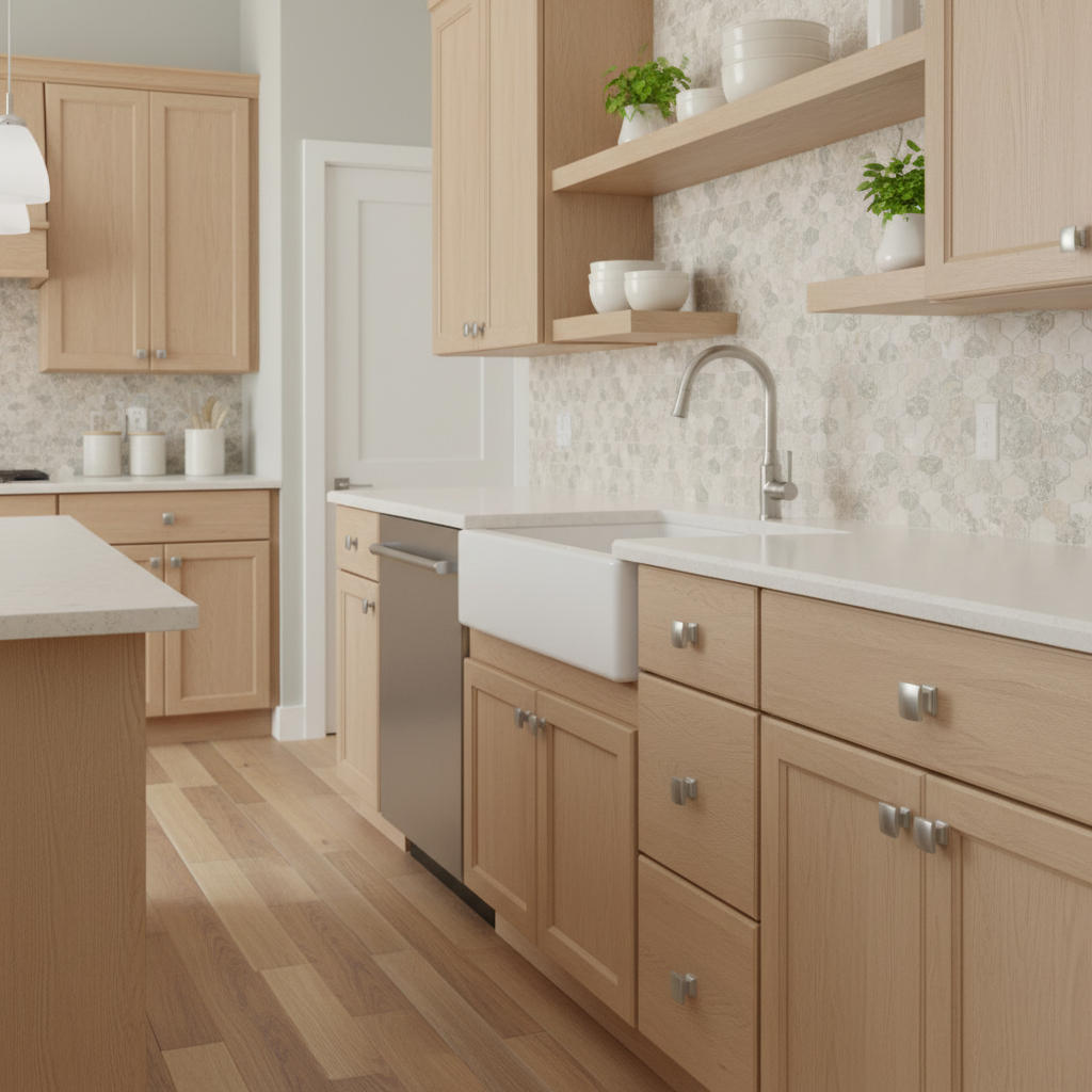 square satin nickel cabinet knobs in a modern kitchen with wooden cabinets, white countertops, and stainless steel appliances.