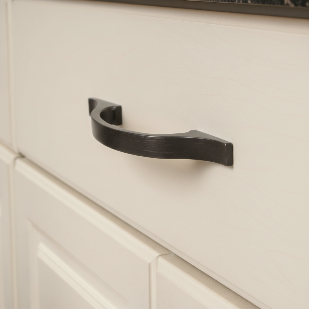 oil rubbed bronze cabinet handle on a beige cabinet