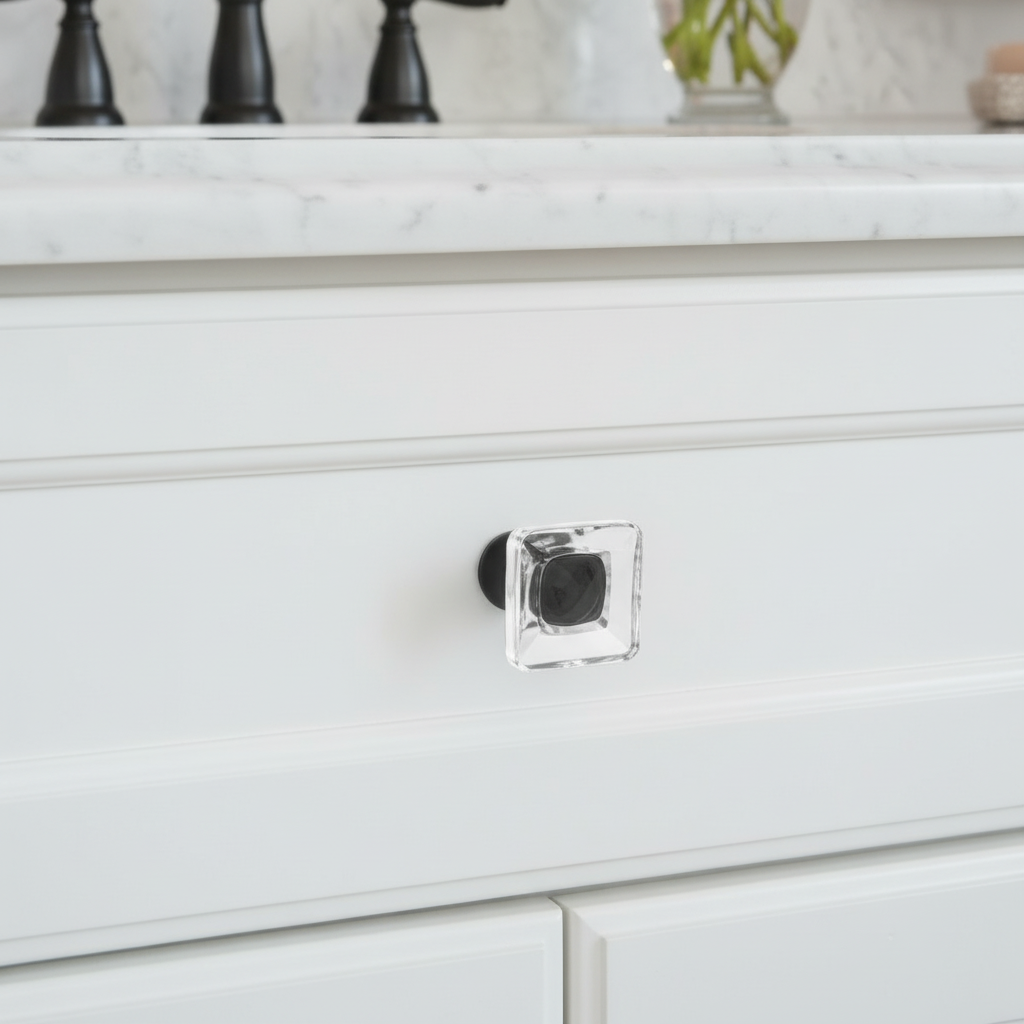 Cosmas 6377FB-C Flat Black &amp; Clear Glass Square Cabinet Knob