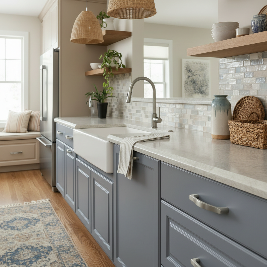 Modern kitchen with gray cabinets, white countertops, and a farmhouse sink.
