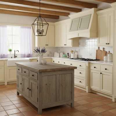 oil rubbed bronze square knobs in a kitchen with wooden island and white cabinets