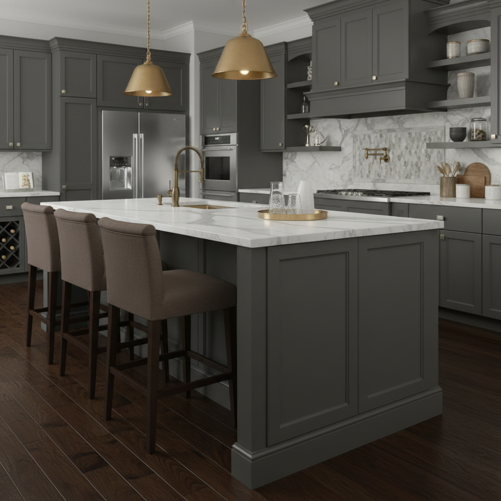 Modern kitchen with dark gray cabinets, marble island, and stainless steel appliances.
