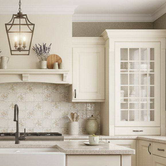 Graphite cabinet pulls in a vintage colonial kitchen with white cabinets, marble countertop, and decorative elements.
