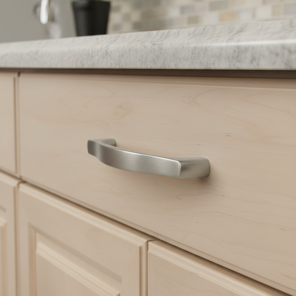 Close-up of a kitchen cabinet with a metallic handle on a neutral background