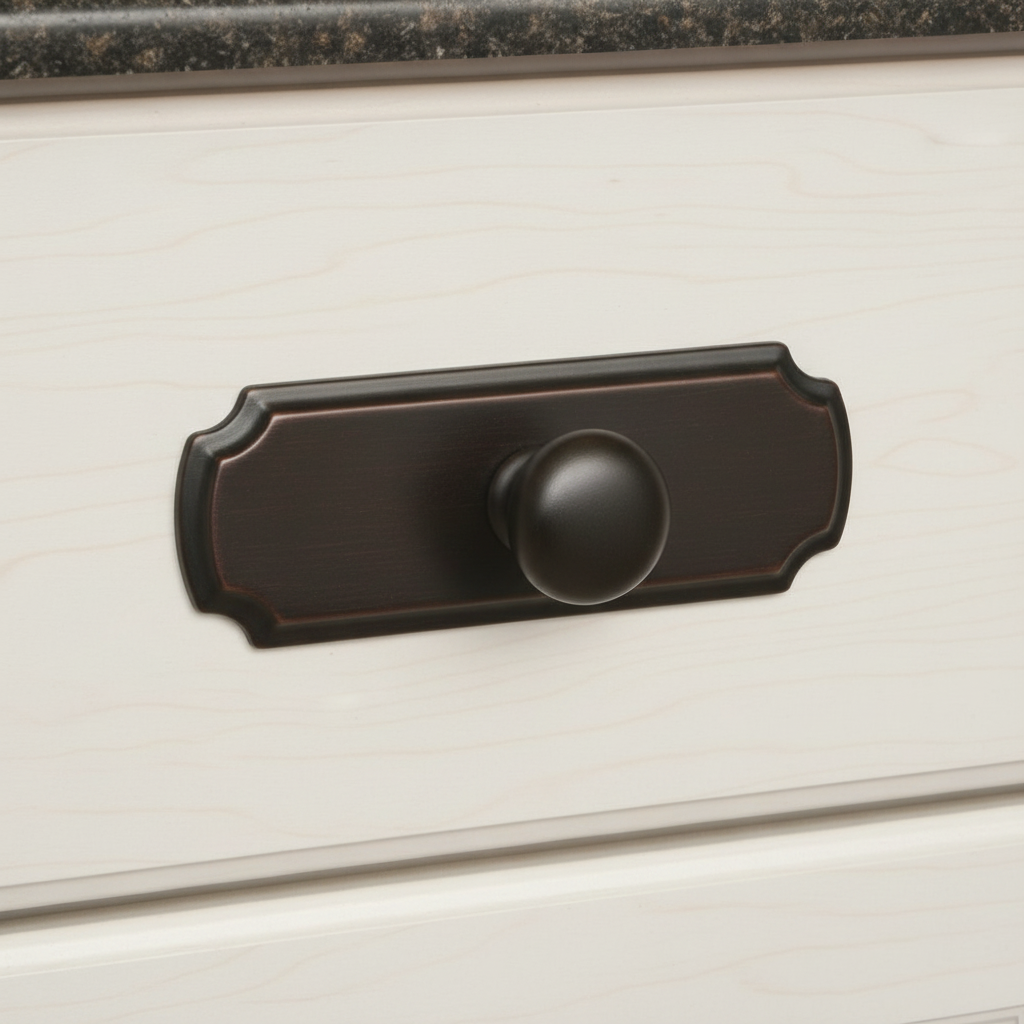 oil rubbed bronze cabinet handle backplate on a white cabinet with a granite countertop above.