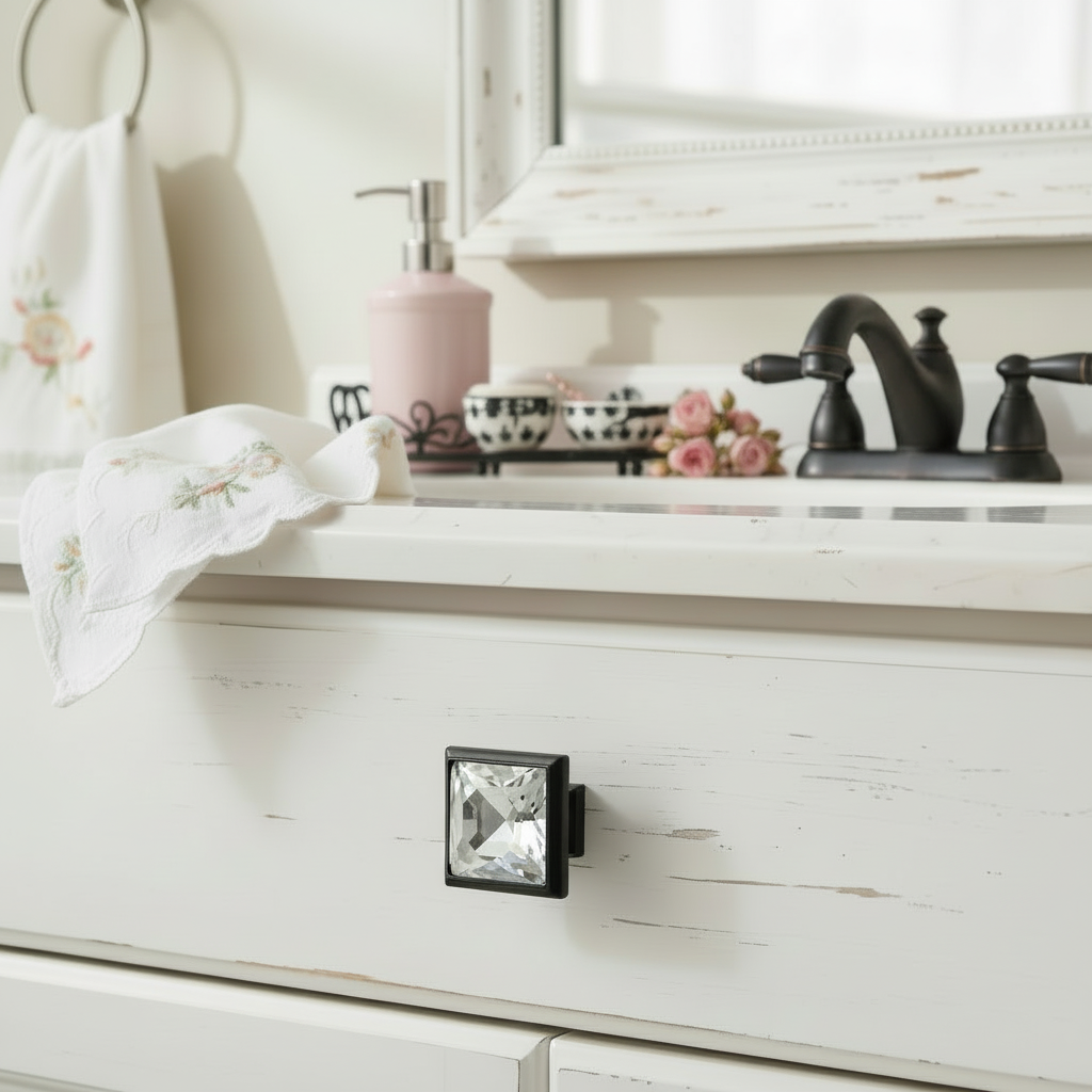 Cosmas 5883FB-C Flat Black &amp; Clear Glass Square Cabinet Knob