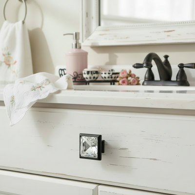 Cosmas 5883FB-C Flat Black &amp; Clear Glass Square Cabinet Knob