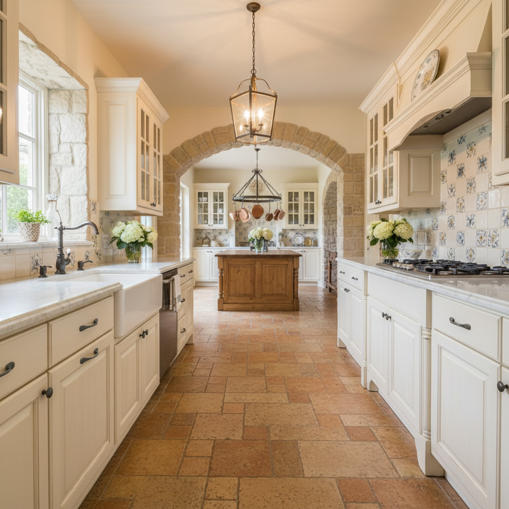 Graphite gray cabinet pulls installed on the drawers of a large, elegant French kitchen  with white cabinets, tiled floor, and archway leading to another room.