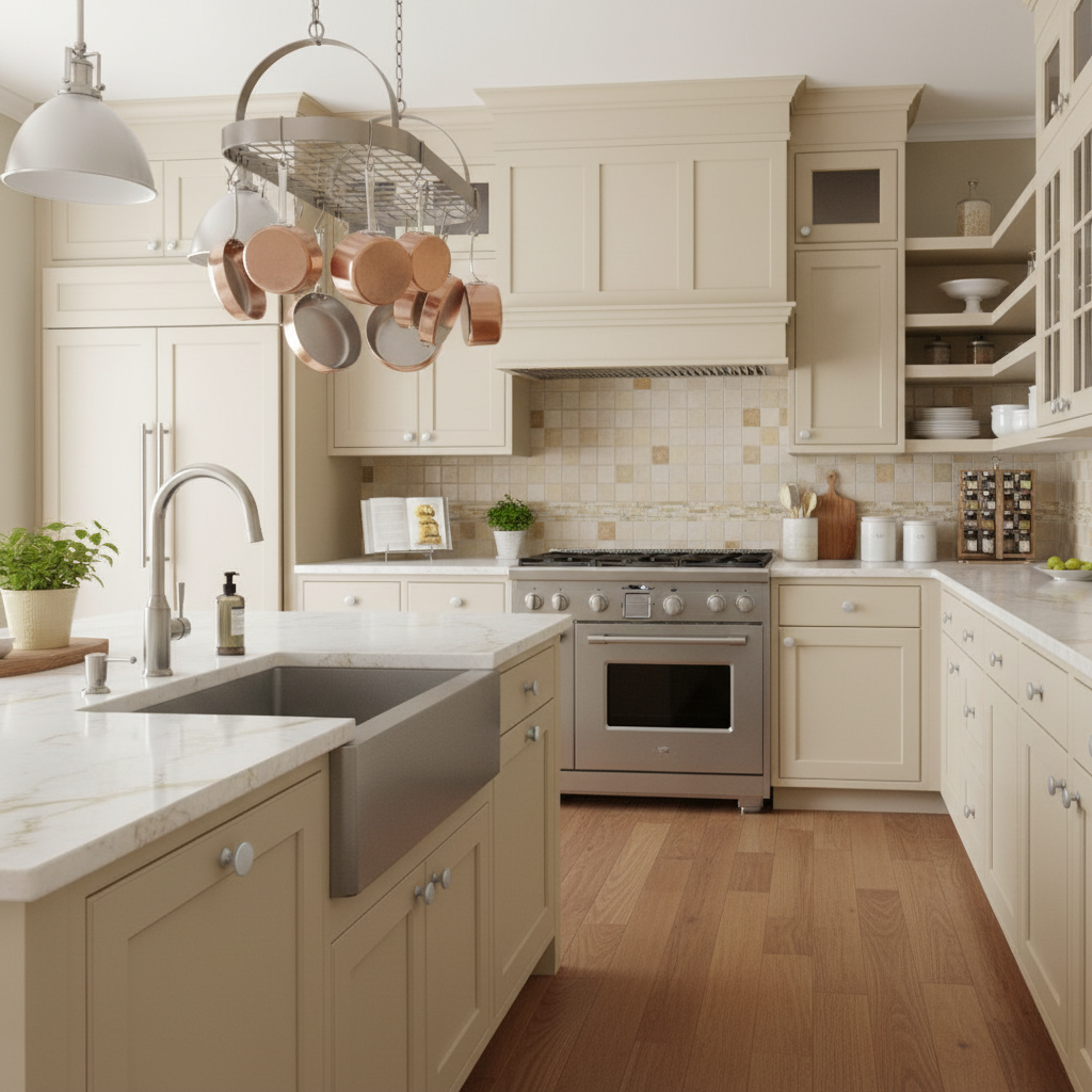 Modern kitchen with beige cabinets, stainless steel appliances, and wooden floor.