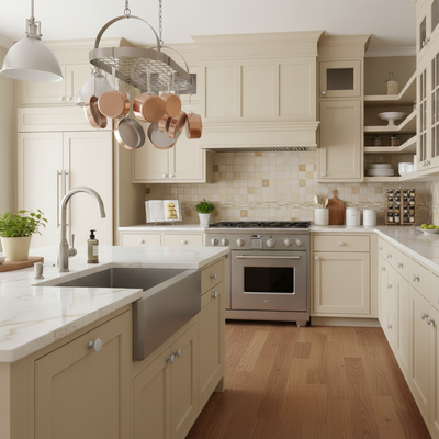 Modern kitchen with beige cabinets, stainless steel appliances, and wooden floor.