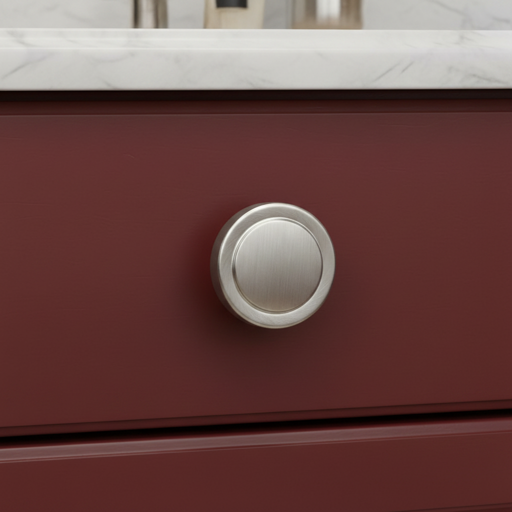 Close-up of a red drawer with a satin nickel handle on a white marble countertop.