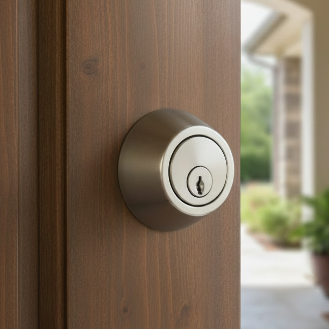 Close up of a satin nickel double cylinder deadbolt