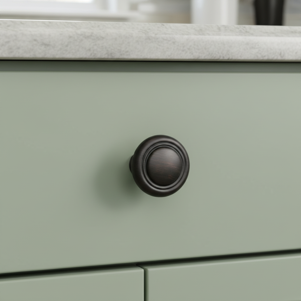 Close-up of a green cabinet with a round oil rubbed bronze
 knob on a kitchen counter.