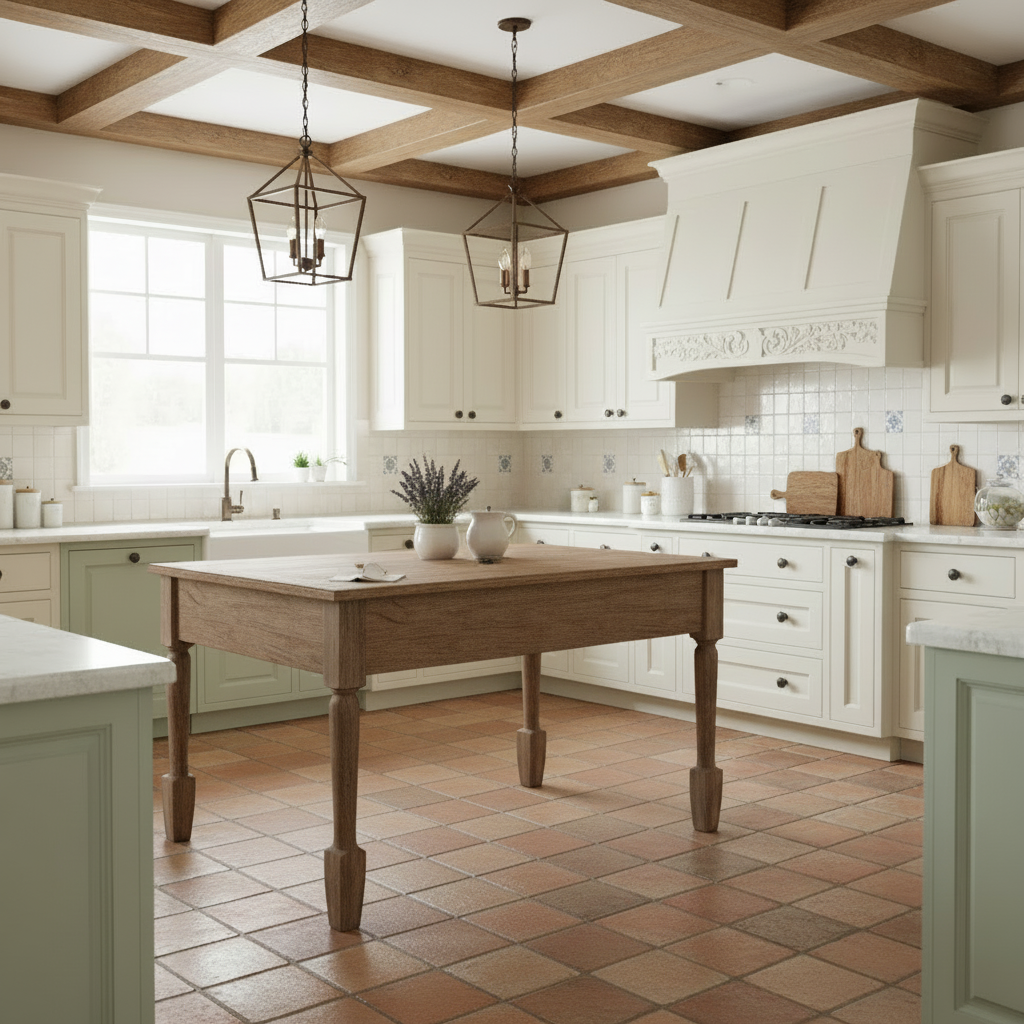Kitchen with wooden table, white cabinets, and terracotta tiles on the floor.
