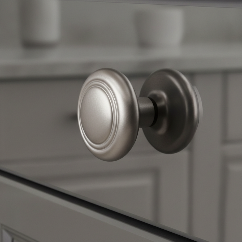 round solid door handle on a mirror cabinet drawer