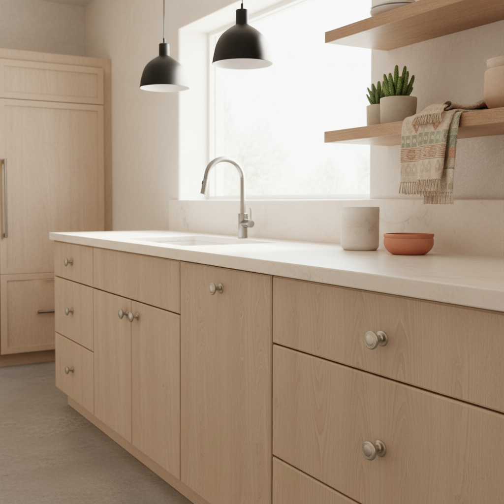 Modern kitchen with light wood cabinets, white countertop, and black pendant lights.