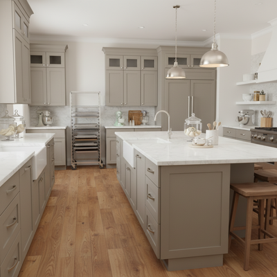 satin nickel pulls in a gray kitchen 