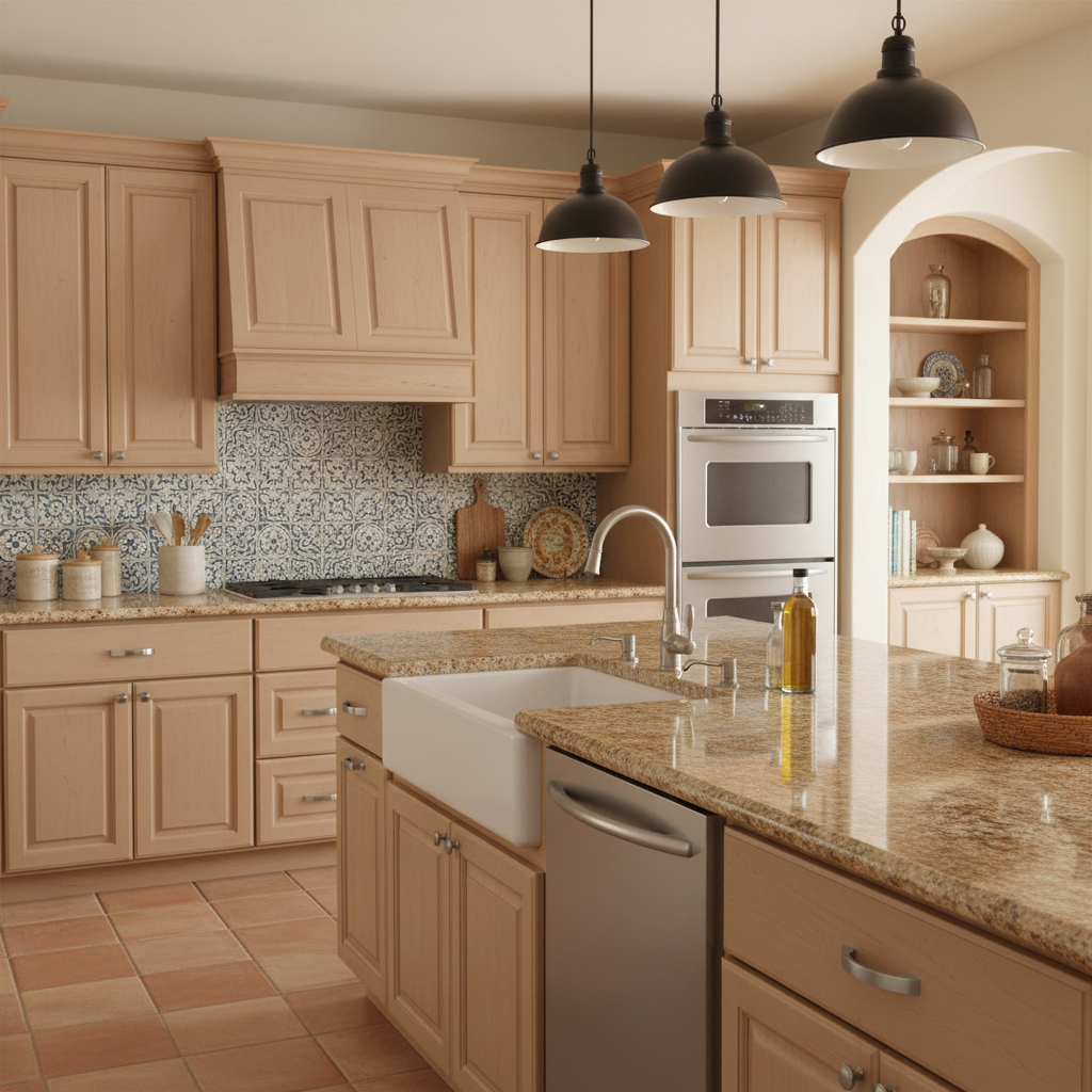 Modern kitchen with beige cabinets, granite countertops, and stainless steel appliances.