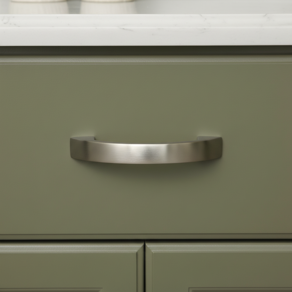 Close-up of a green cabinet with a silver handle on a white countertop.