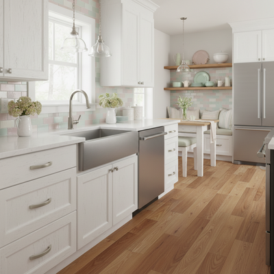 Modern kitchen with white cabinets, stainless steel appliances, and wooden flooring.