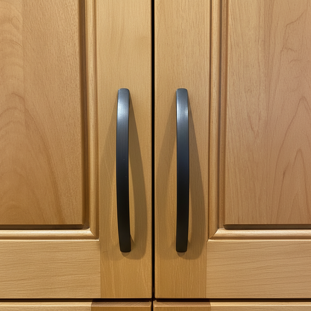 Oil rubbed bronze cabinet pulls on wooden cabinet doors with modern handles 1:1 ratio
