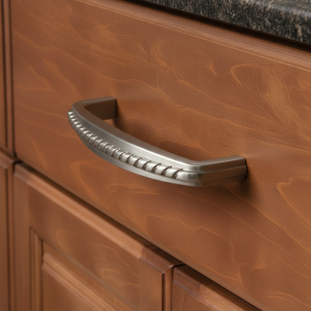 satin nickel rope cabinet handle on a warm wood drawer