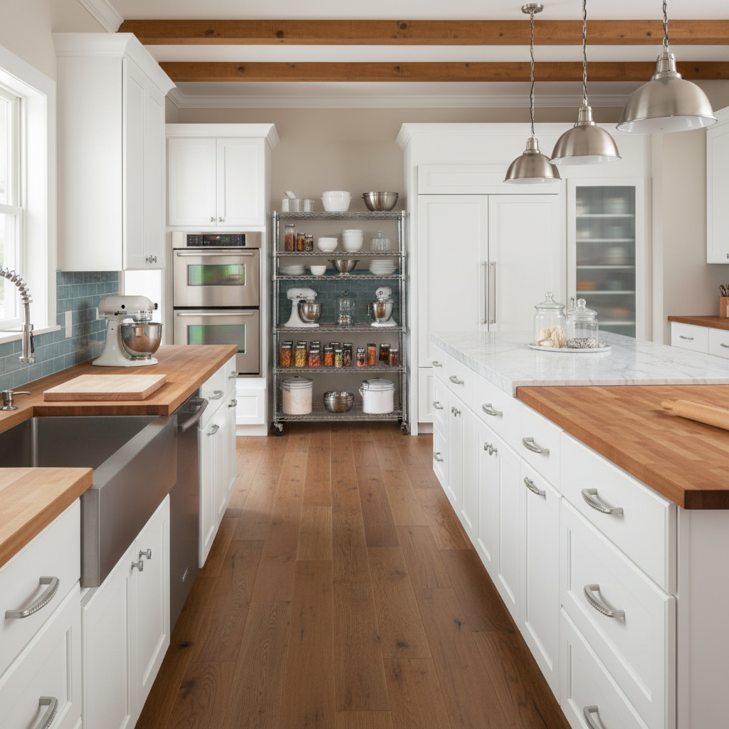 Modern kitchen with white cabinets, wooden countertops, and stainless steel appliances.