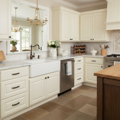 Modern kitchen with white cabinets, marble countertops, and a wooden island.