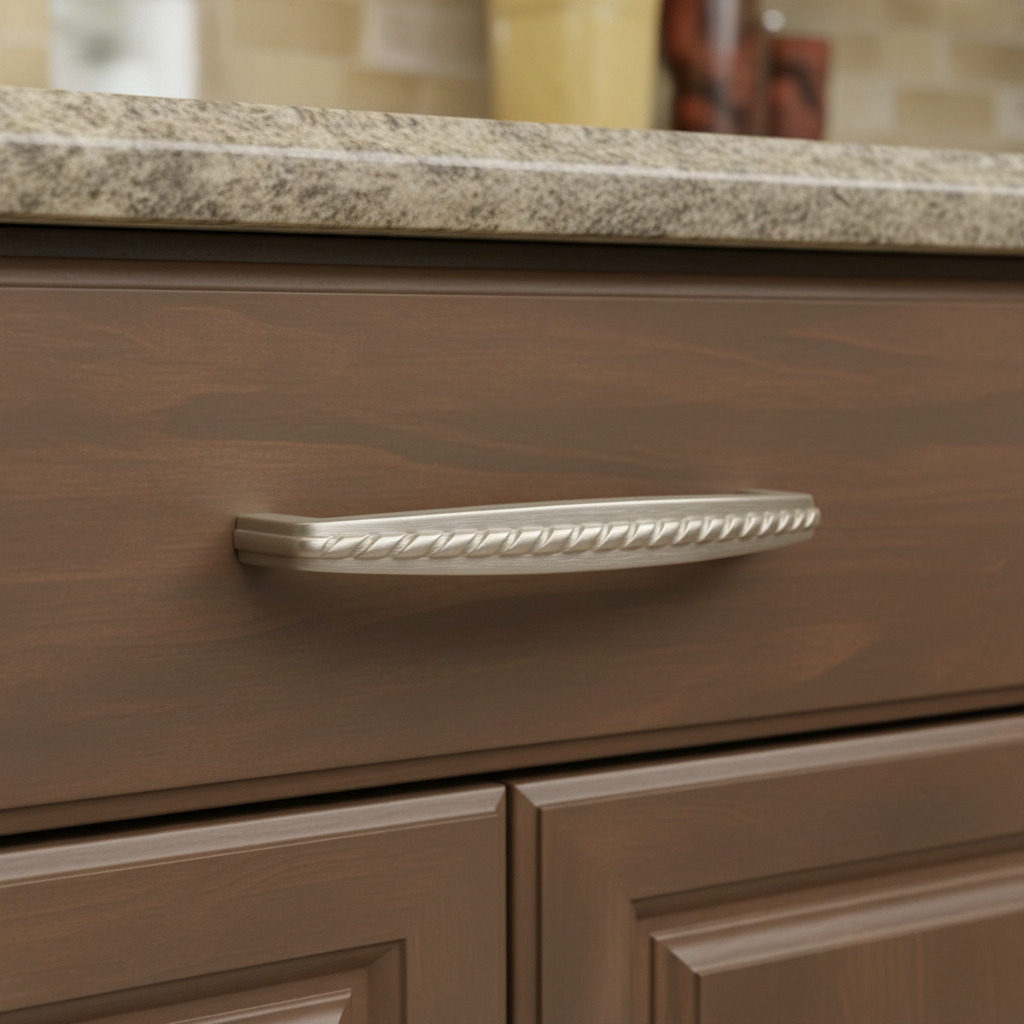 Close-up of a wooden cabinet with a decorative SATIN NICKEL handle