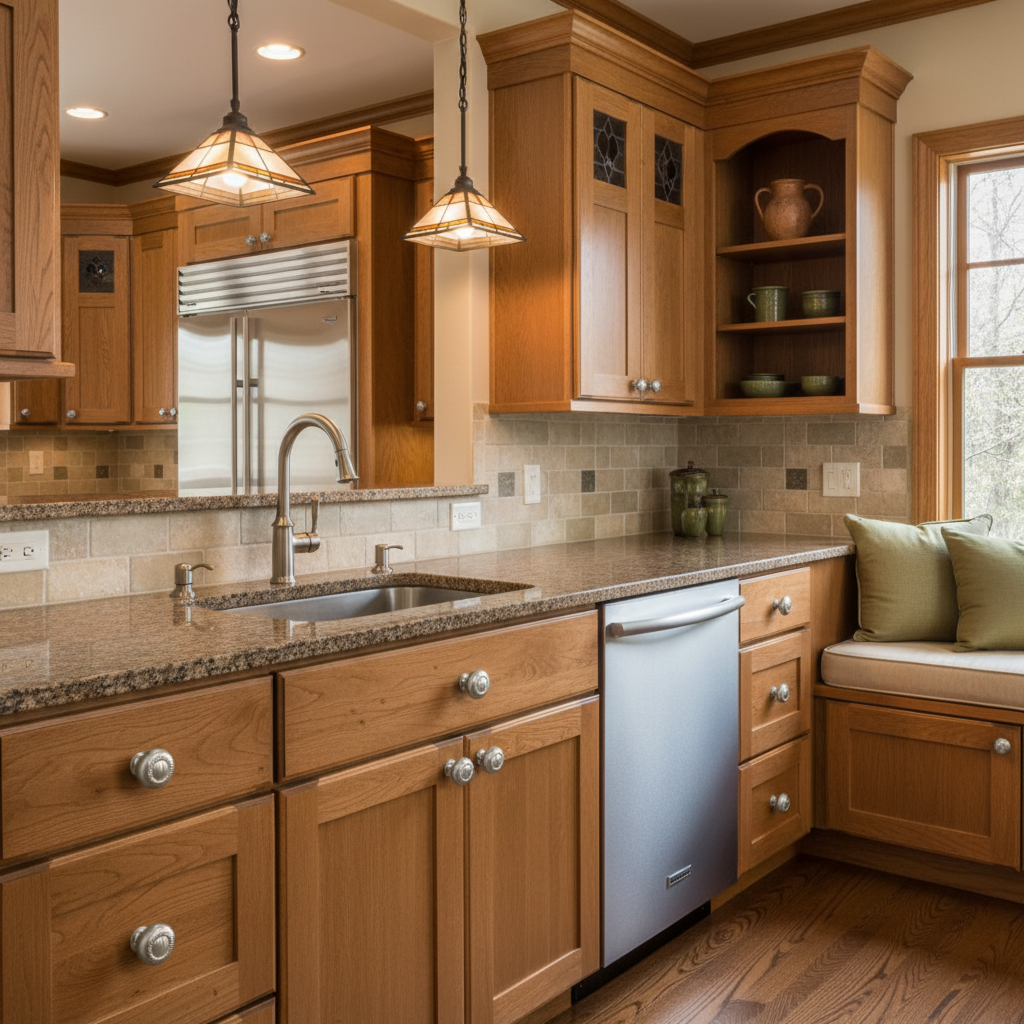 Modern kitchen with wooden cabinets, stainless steel appliances, and a window.
