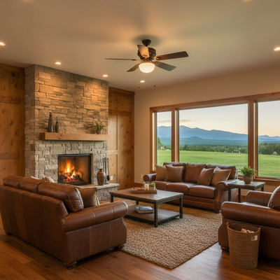 A ceiling fan by doorcorner in a rustic mountain-view living room with brown leather sofas, a stone fireplace, wood ceiling, and large windows overlooking a green field at dusk.
