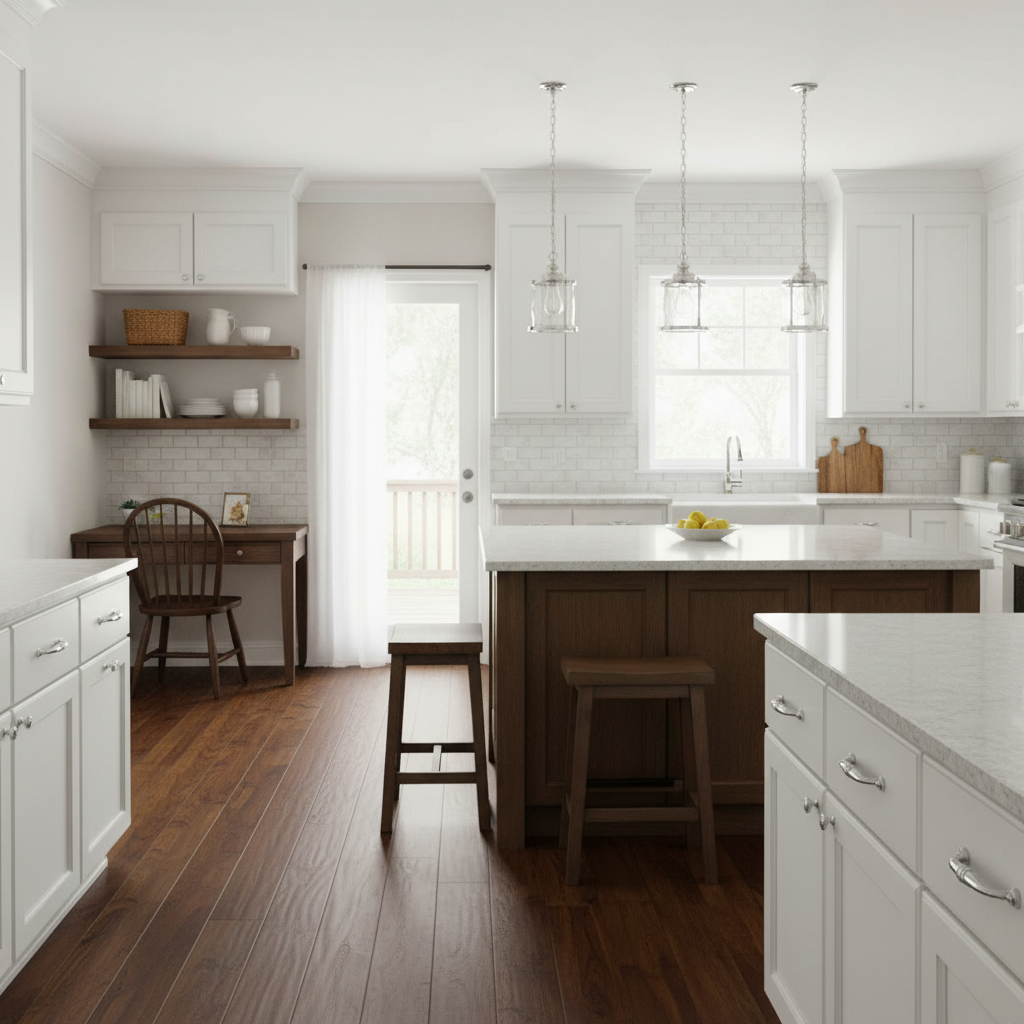farmhouse with wood shelves, island and desk and chrome handles 