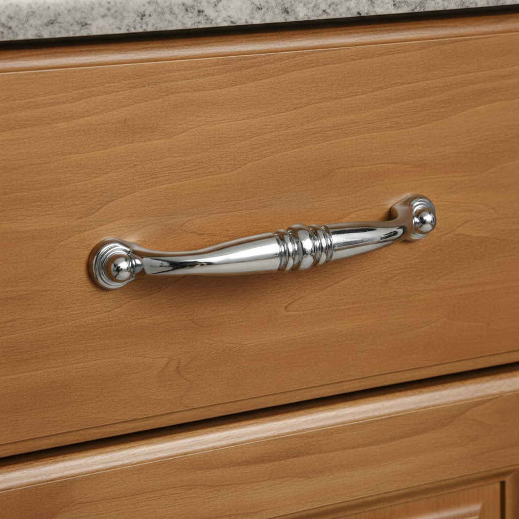 Wooden drawer with a silver handle on a kitchen counter.