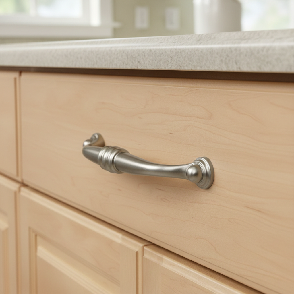 Close-up of a wooden cabinet with a silver handle in a kitchen setting