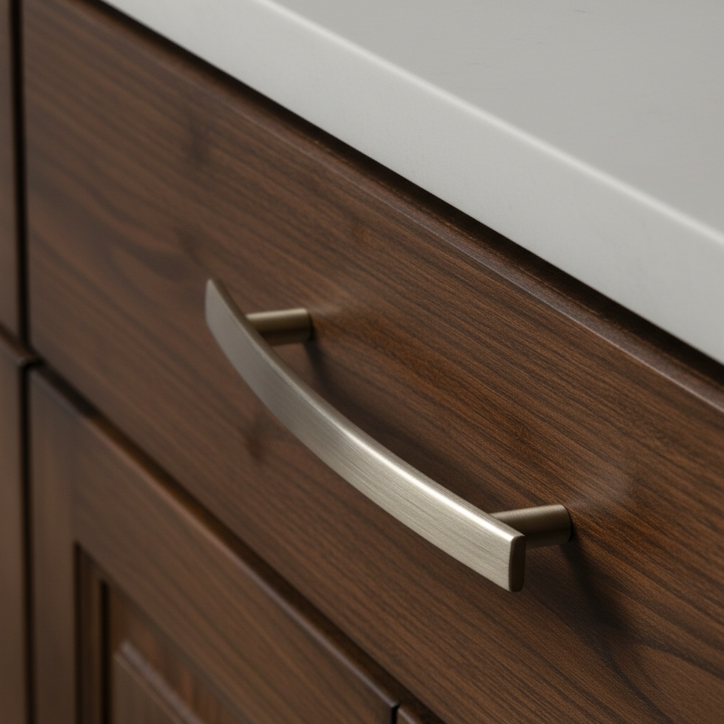 Close-up of a wooden cabinet with a metallic handle