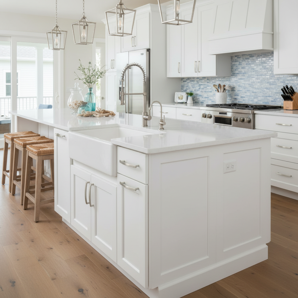 Modern kitchen with white island, wooden stools, and stainless steel appliances.