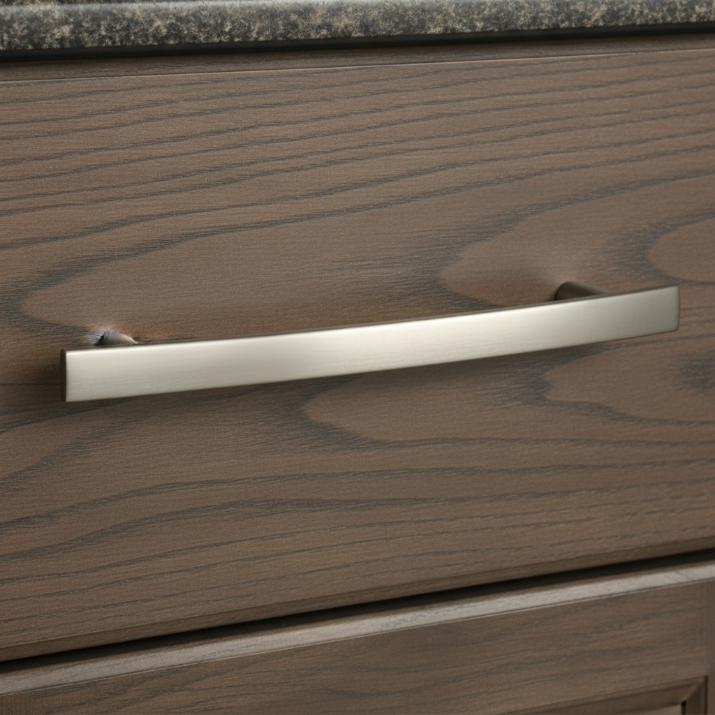 satin nickel curved cabinet drawer pull installed on a wood cabinet drawer 