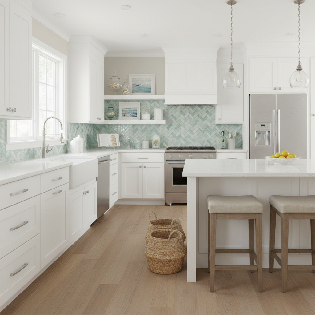 satin nickel modern cabinet pull handles in a modern kitchen with white cabinets, stainless steel appliances, and a marble countertop.