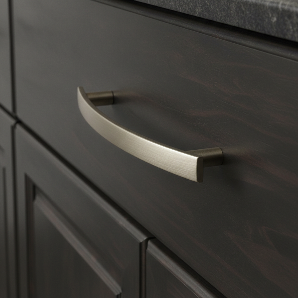 Dark gray cabinet with a satin nickel handle